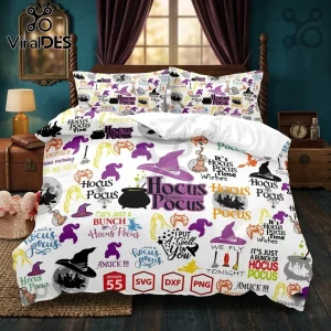 Hocus Pocus 2026 Halloween Bedding Set with witch hats, cauldrons, and movie quote typography on a white background.