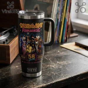 Parliament Funkadelic 58 Years Stanley Tumbler 40oz featuring a space-themed group graphic on a matte black insulated cup.