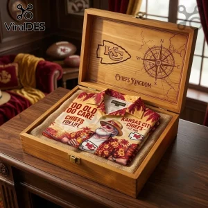 Kansas City Chiefs Too Old To Care Hawaiian shirt folded inside a laser-engraved wooden presentation box.
