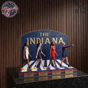 Indiana Fever Players Limited Edition Acrylic Plaque featuring four basketball athletes on a blue and white striped base.