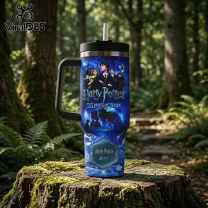 Personalized Harry Potter 25th Anniversary 40oz Tumbler with character graphics on a blue background in a forest setting.