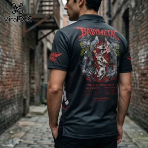 Babymetal World Tour 2026 Wolf Logo Polo Shirt showing a black polo with red and white wolf skull graphic on the back.