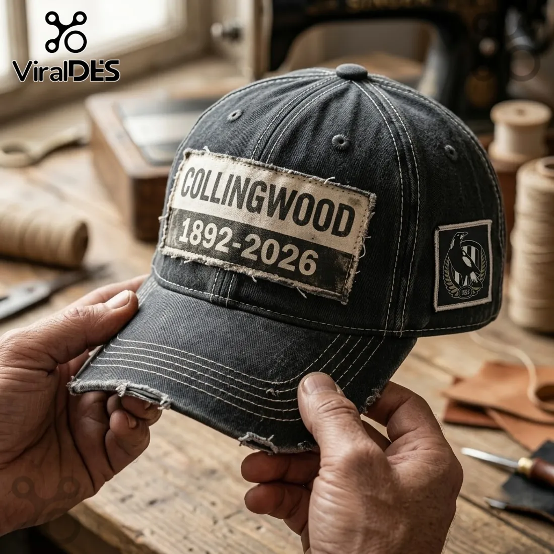 Collingwood Football Club 1892-2026 Distressed Black Baseball Cap Collingwood Football Club 1892-2026 Distressed Black Baseball Cap
