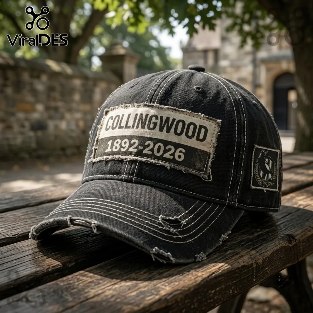Collingwood Football Club 1892-2026 Distressed Black Baseball Cap Collingwood Football Club 1892-2026 Distressed Black Baseball Cap