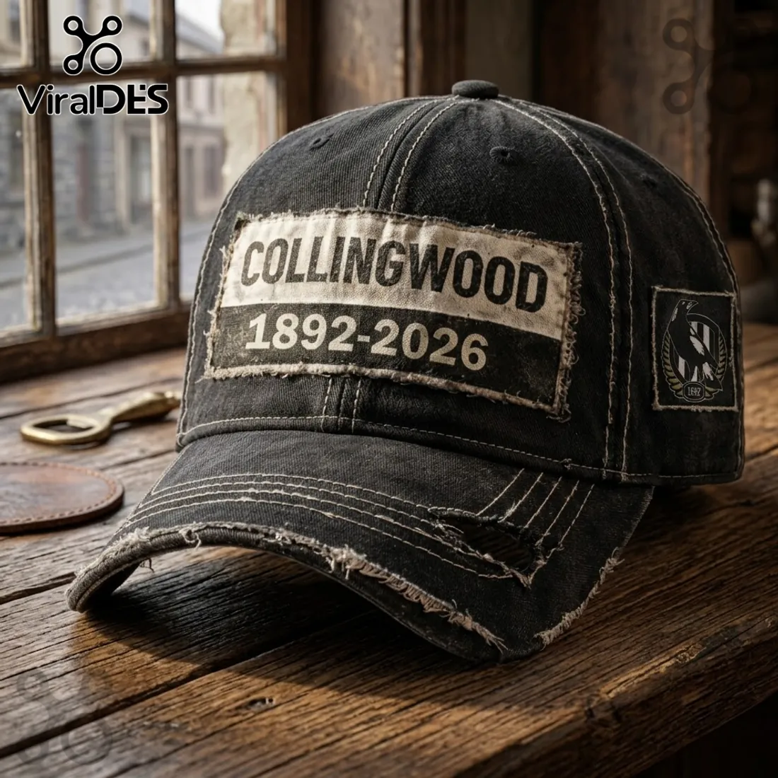 Collingwood Football Club 1892-2026 Distressed Black Baseball Cap Collingwood Football Club 1892-2026 Distressed Black Baseball Cap