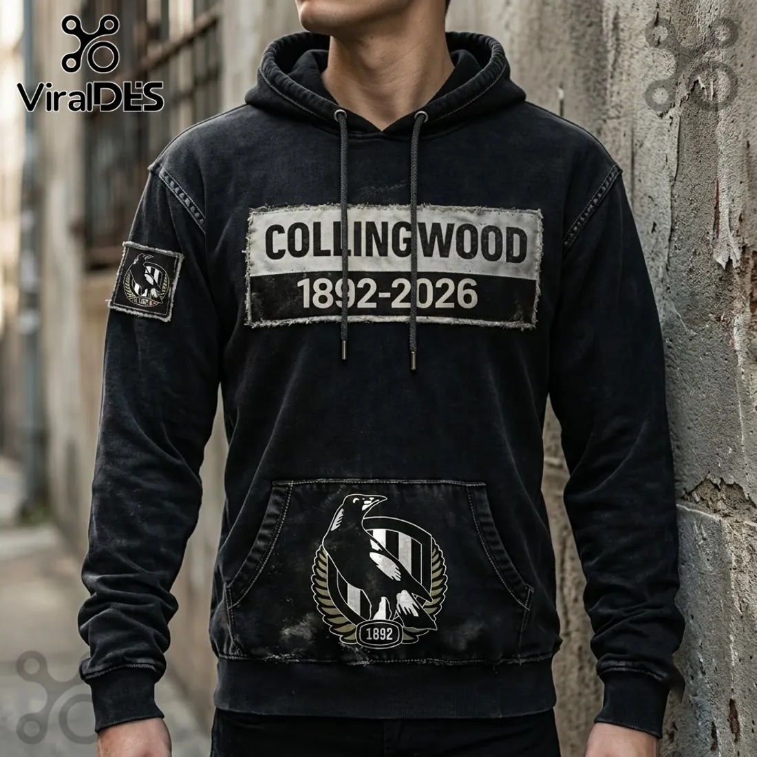 Collingwood Magpies 1892-2026 Distressed Black Hoodie Collingwood Magpies 1892-2026 Distressed Black Hoodie