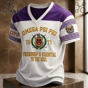 Omega Psi Phi 1911 Mascot V-Neck T-Shirt featuring purple and white colors, fraternity crest, bulldog graphic, and text.