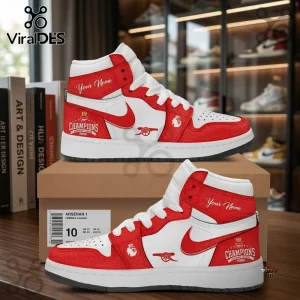 Arsenal FC 2026 Premier League Air Jordan High Top Sneakers in red and white leather with custom Champions branding.