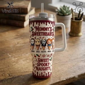 Personalized Horror Movie Character 40oz Stanley Tumbler featuring chibi horror villains as ice cream cones and holiday decor.