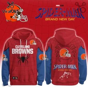 Cleveland Browns x Spider-Man Brand New Day hoodie featuring red and blue spiderweb patterns with team logos and graphics.
