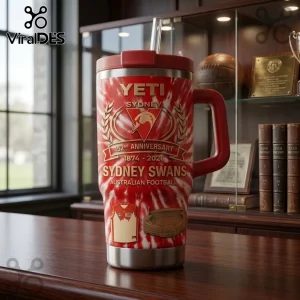 Sydney Swans 152nd Anniversary Tie-Dye Stanley Tumbler with red and white patterns, a team logo, and a stadium graphic.