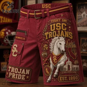 USC Trojans Red Mascot Cargo Casual Shorts featuring a white horse, Los Angeles Memorial Coliseum graphic, and gold text.