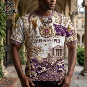 Omega Psi Phi Fraternity Mascot Howard University shirt featuring a bulldog, gold scrolls, and academic building imagery.