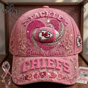 Kansas City Chiefs Breast Cancer Awareness Embroidered Cap in pink with glitter heart, rhinestones, and floral accents.