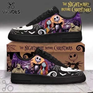 The Nightmare Before Christmas Gothic Halloween Air Force Sneakers with Jack Skellington, Sally, and Zero prints.