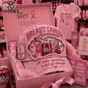 Dr Pepper Breast Cancer Awareness Pink Distressed Baseball Cap features embroidered ribbons, cherries, and a soda can graphic.
