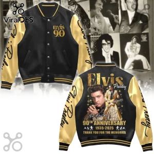 Elvis Presley 90th Anniversary Black Gold Baseball Jacket with front Elvis 90 logo and commemorative back portrait print.
