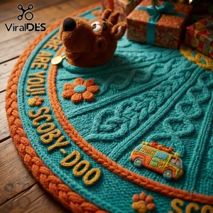 Scooby-Doo Blue 2026 Christmas Tree Skirt with a plush Scooby head, Mystery Machine van, and knitted texture on wood floor.