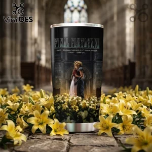 Final Fantasy VII Cloud and Aerith Tumbler featuring an embrace scene and yellow flowers in a blurred cathedral background.