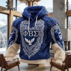 Phi Beta Sigma Plush Fleece Pullover Hoodie in blue with white Greek letters, dove emblem, and tan sleeve cuffs.