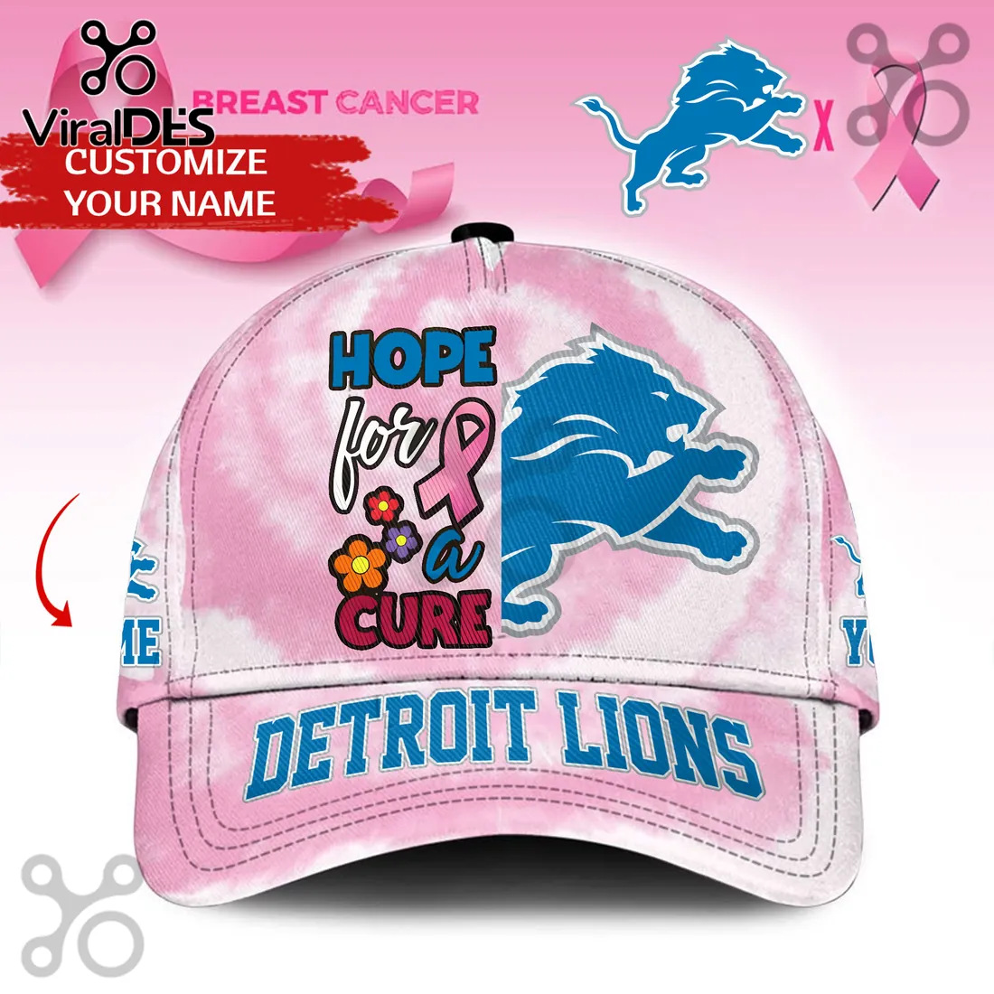 Detroit Lions Breast Cancer Awareness Custom Name Cap Detroit Lions Breast Cancer Awareness Custom Name Cap