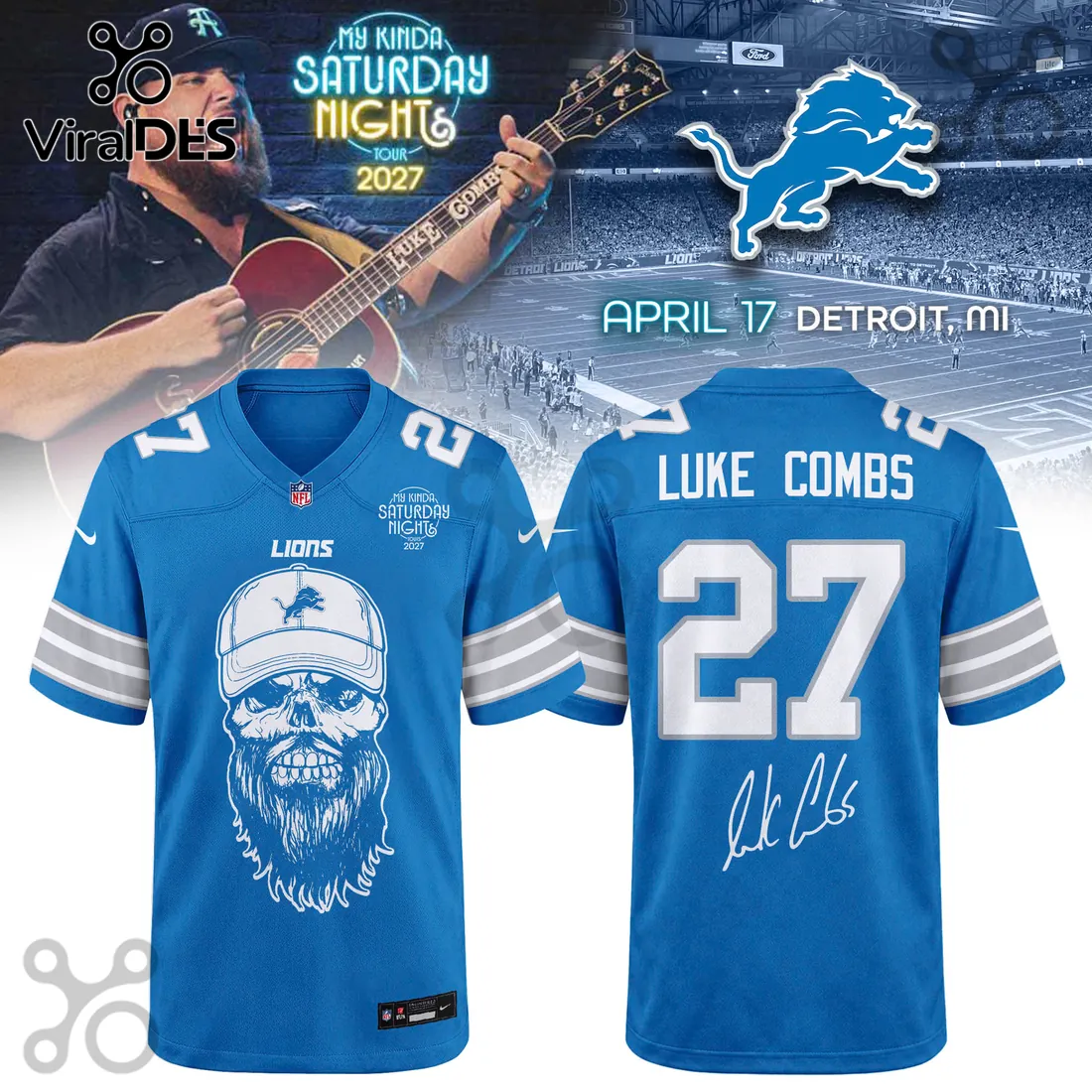 Detroit Lions Luke Combs 2027 Tour Blue Football Jersey Detroit Lions Luke Combs 2027 Tour Blue Football Jersey