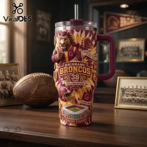 Brisbane Broncos 38th Anniversary YETI Stanley Tumbler with mascot, team colors, and Suncorp Stadium graphic on a desk.