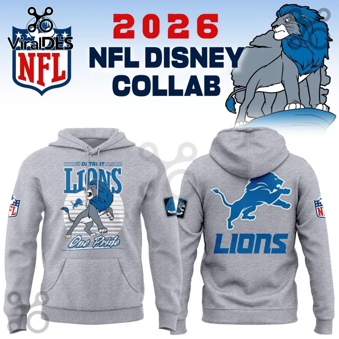 Disney x Detroit Lions 2026 Gray Pullover Hoodie Disney x Detroit Lions 2026 Gray Pullover Hoodie