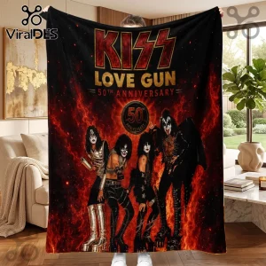 KISS Love Gun 50th Anniversary fleece blanket featuring the band members, fire graphics, and official gold anniversary logo.