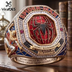 Spider-Man 64th Anniversary Commemorative Ring featuring red web pattern, black spider emblem, and gold metal detailing.