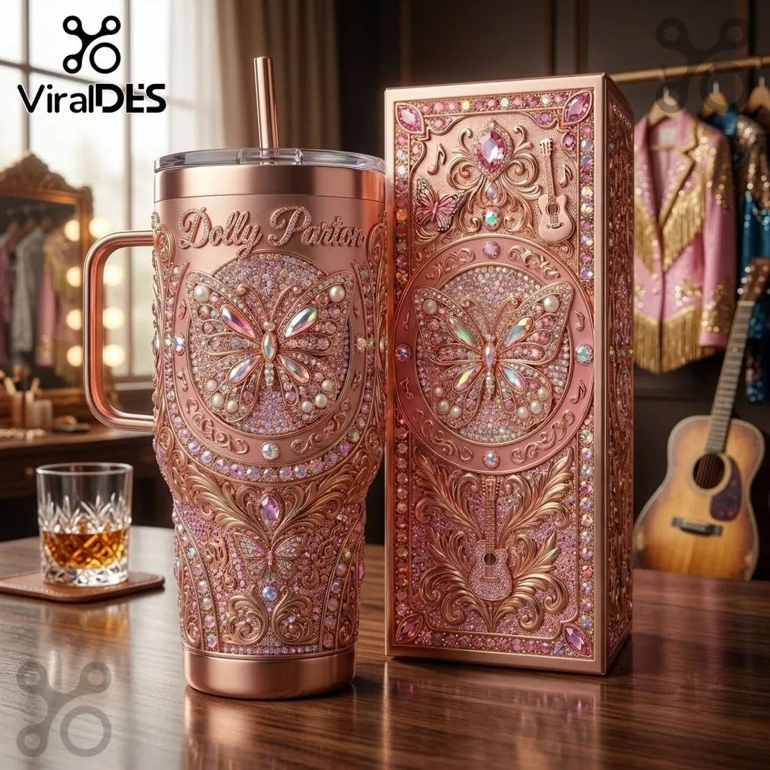 Dolly Parton Rose Gold Butterfly Rhinestone Stanley Tumbler Dolly Parton Rose Gold Butterfly Rhinestone Stanley Tumbler