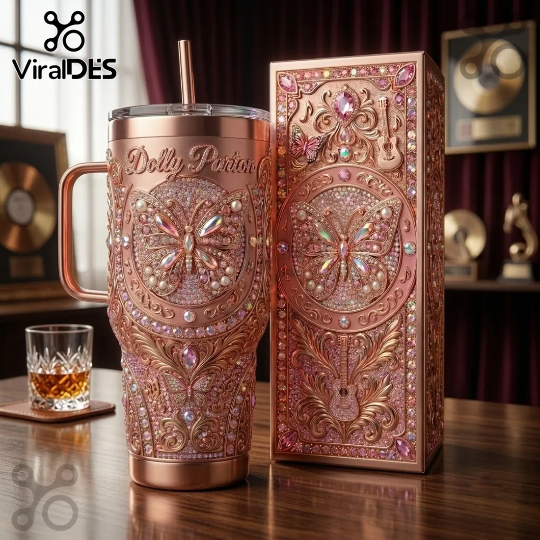 Dolly Parton Rose Gold Butterfly Rhinestone Stanley Tumbler Dolly Parton Rose Gold Butterfly Rhinestone Stanley Tumbler