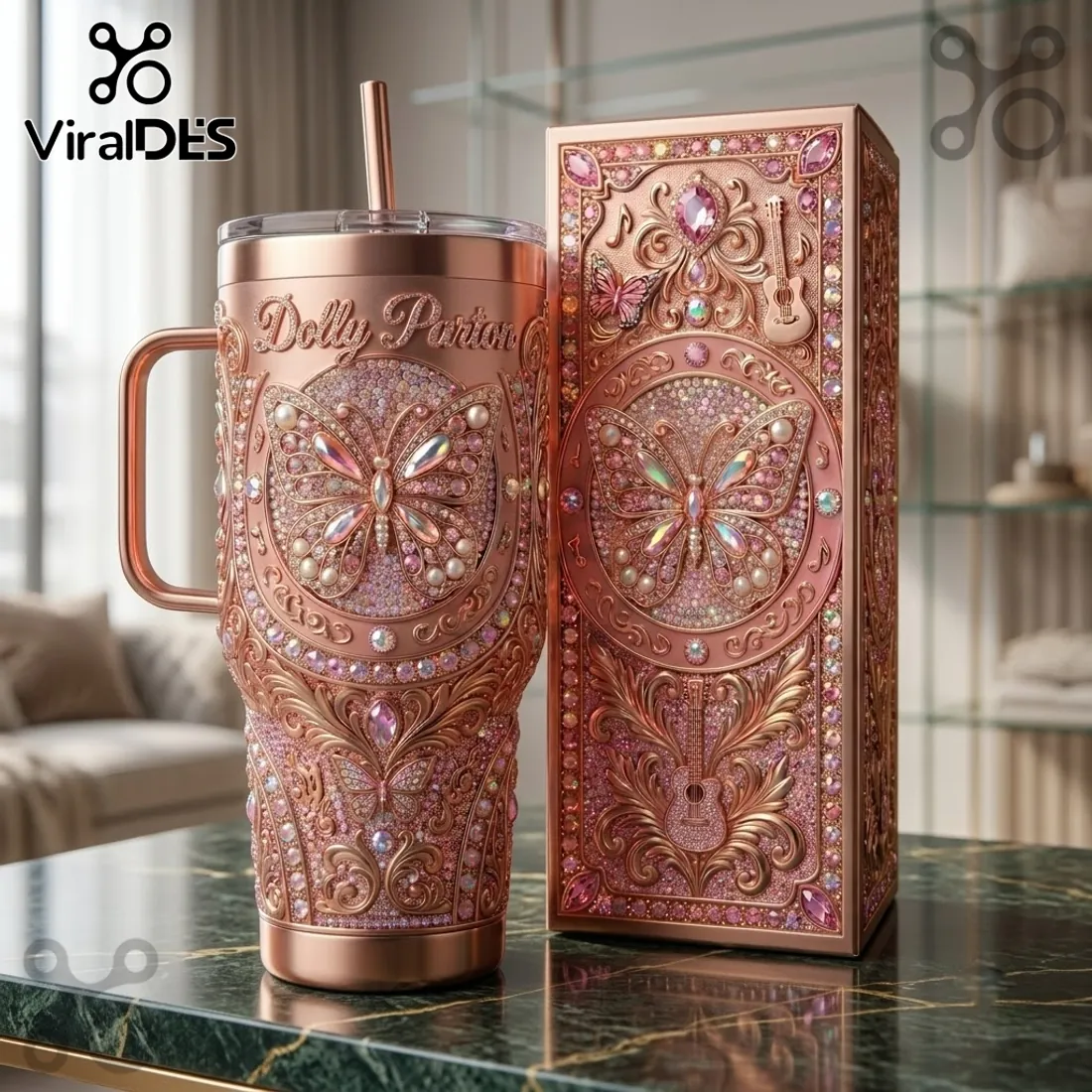 Dolly Parton Rose Gold Butterfly Rhinestone Stanley Tumbler Dolly Parton Rose Gold Butterfly Rhinestone Stanley Tumbler