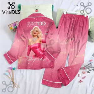 Marilyn Monroe 100th Anniversary Pink Satin Pajama Set featuring a portrait of Marilyn with glittering light effects.