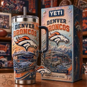 Denver Broncos 40oz Stanley Tumbler with handle featuring the team logo, stadium graphic, and star-patterned navy background.
