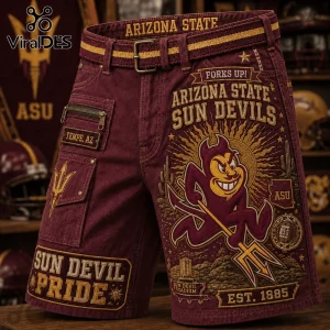 Arizona State Sun Devils Casual Shorts in maroon with gold embroidered mascot, Sun Devil Stadium, and Tempe, AZ branding.