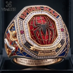 Spider-Man 64th Anniversary Commemorative Ring featuring red enamel, gold metal, encrusted crystals, and spider emblem motifs.
