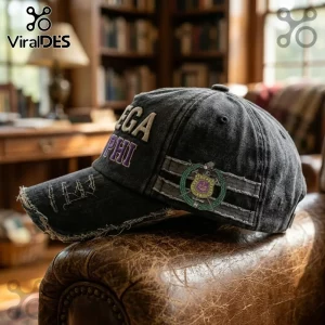Omega Psi Phi Fraternity Distressed Baseball Cap in black with embroidered text, vintage brim wear, and side crest detail.