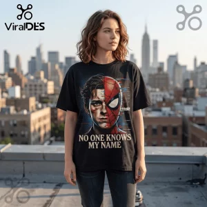 Spider-Man Brand New Day Limited Edition Shirt on a model, featuring a split face graphic against a NYC cityscape.
