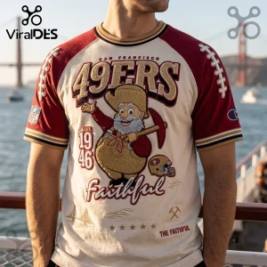 San Francisco 49ers Mascot 1946 Patch Shirt featuring a gold miner mascot, 1946 text, and team graphics on cream fabric.