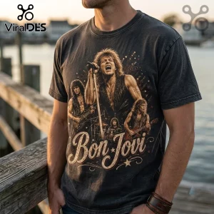 Bon Jovi New Jersey Concert Black Shirt featuring band members performing live with vintage graphics on faded black cotton.