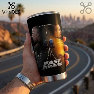 Fast and Furious 25th Anniversary Stainless Steel Tumbler featuring Dominic Toretto and Brian O'Conner against a sunset.