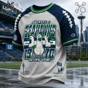 Seattle Seahawks 1976 Embossed Mascot Shirt in grey and navy with seagull graphics, 12 as One text, and football detailing.