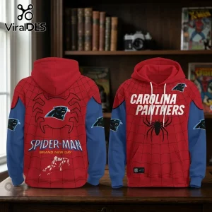 Carolina Panthers x Spider-Man Brand New Day Hoodie featuring red and blue web patterns with NFL team logos.