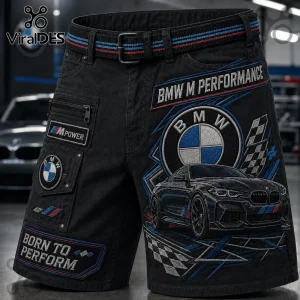 BMW M Performance Black Cargo Shorts featuring BMW branding, a vehicle graphic, and checkered flag patches.