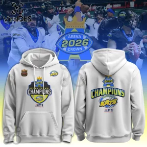 Nashville Kats 2026 Arena Crown Champions Hoodie featuring team branding, logos, and trophy graphics on white fabric.