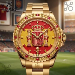Spain National Football Team Gold Luxury Watch featuring a red and gold dial, Spanish coat of arms, and ruby-encrusted bezel.
