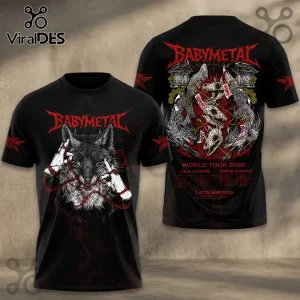 Babymetal 2026 World Tour Wolf Mascot Black Hoodie featuring a wolf, red strings, and tour locations on a black t-shirt.