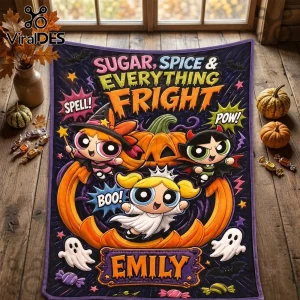 Powerpuff Girls Personalized Halloween Fright Fleece Blanket featuring Blossom, Buttercup, and Bubbles in costume.