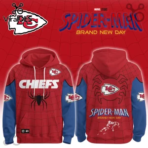 Kansas City Chiefs x Spider-Man Brand New Day hoodie featuring red and blue colors, spider-web patterns, and NFL logos.